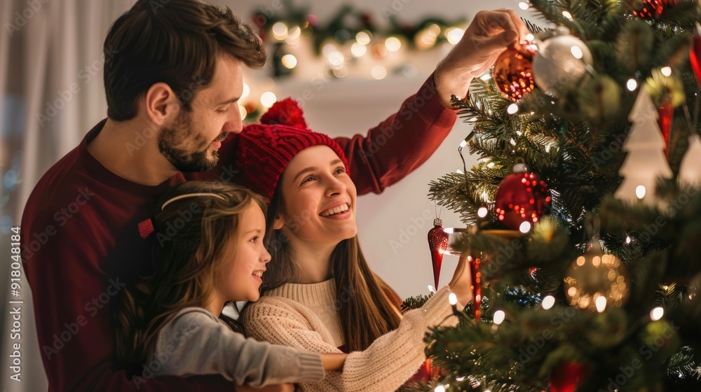 Wall mural A cozy image of families decorating the Christmas tree with garlands and tinsel, getting into the festive spirit and traditions.