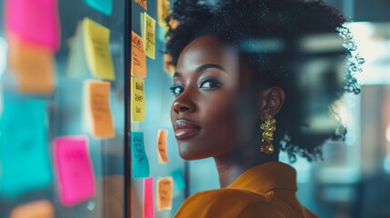 African Businesswoman Sticking Note on Glass Wall in Office Generative AI