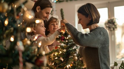 A cozy image of families decorating the Christmas tree with garlands and tinsel, getting into the festive spirit and traditions.