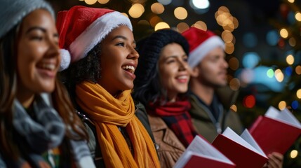 Joyful group of carolers singing traditional Christmas songs outdoors, spreading warmth and festive cheer in the winter night.