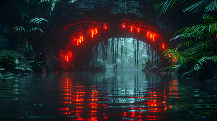 Futuristic fantasy landscape, sci-fi landscape with planet, neon lights, cold planet.