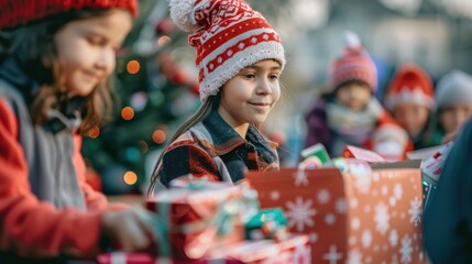Festive photo of a joyful people preparing gifts for children as part of a Christmas charity event.