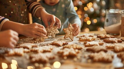 Families joyfully baking and decorating Christmas cookies in the kitchen, creating festive treats with icing and sprinkles. Kids and parents preparing cookies together, festive traditions.