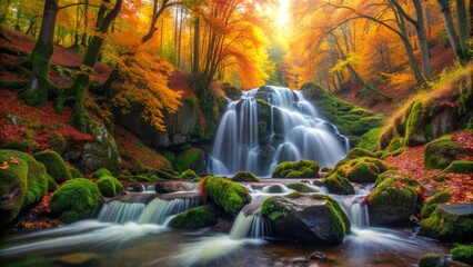 Vibrant autumn foliage surrounds serene waterfall cascading down moss-covered rocks amidst misty forest, warm golden light filtering through the trees on a crisp fall morning.