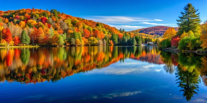 Vibrant autumn foliage surrounds a serene lake in Eastern Township's Bromont-Shefford region, Quebec province, Canada, under a cloudless blue sky on a crisp fall day.
