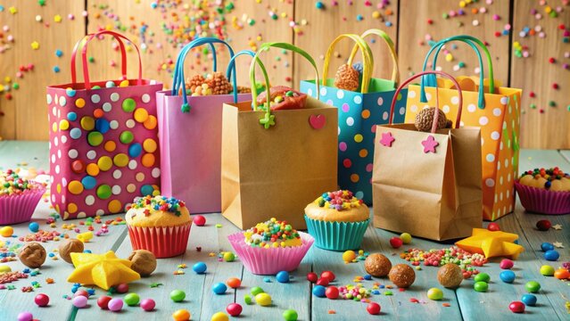 Vibrant colorful paper bags with handles and confetti, filled with treats and goodies, scattered on a table, ready for a fun celebration or festive event.