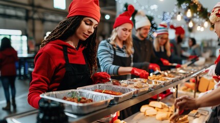 Festive Christmas photo of a joyful mixed race woman volunteering at a charity spreading holiday cheer and helping those in need at a soup kitchen.