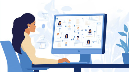 Vector illustration of virtual job interview webcast using online video conference. Technology and smart working concept.