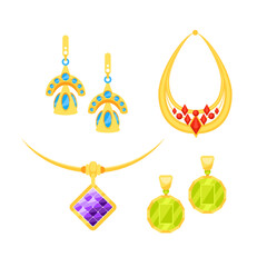 Gold jewelry set with colorful gemstones is sparkling on white background, creating luxurious accessories concept