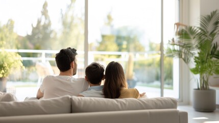 Cheerful Family Enjoying Quality Time in Modern Living Room with Spacious Windows and Stylish Decor