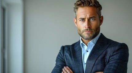 Confident man in a tailored suit posing indoors during daylight hours