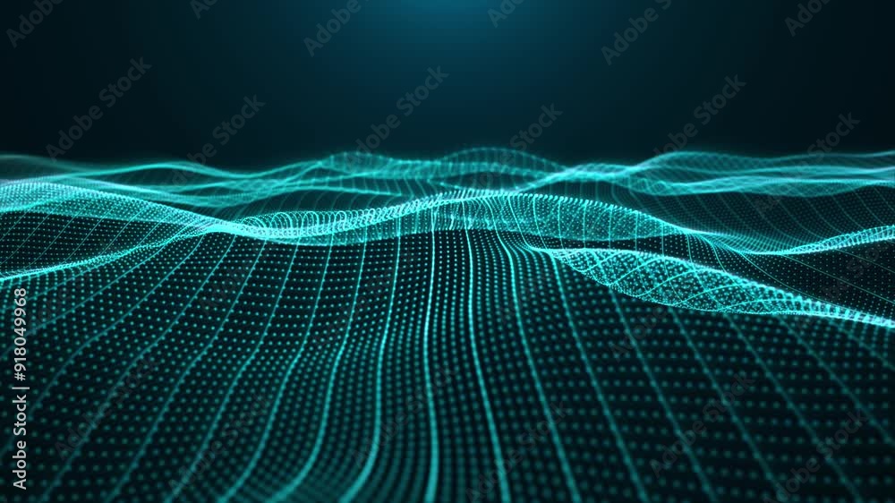 Wall mural light blue waves background with flowing field of bright particles and lines with glow effect. abstr