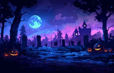 A Halloween night background in cartoon style with spooky pumpkins, a haunted house, and black trees, featuring a foggy graveyard and eerie figures, perfect for a card or poster.