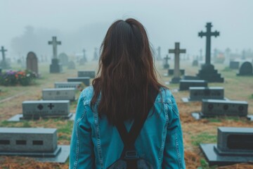 Obraz premium Reflective Individual Stands Among Gravestones in Misty Cemetery at Dusk