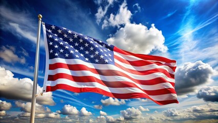 Fototapeta premium Vibrant stars and stripes wave proudly in the foreground, set against a sunny blue sky with fluffy white clouds, evoking American patriotism on Labor Day.