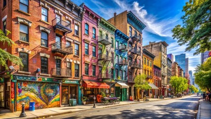 Naklejka premium Vibrant street scene in the East Village, New York City, featuring colorful graffiti, eclectic shops, and historic tenement buildings on a sunny day.