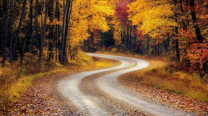 Fototapeta premium A country road winding through a forest ablaze with autumn colors, with room for text in the open sky