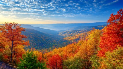 Fototapeta premium A scenic overlook showing a vast valley filled with fall foliage, with space in the sky for a quote or title