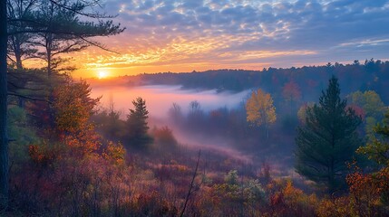 Obraz premium A tranquil sunrise over a forest in autumn, with fog rolling over the ground and colorful trees in the distance