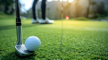 Golf club poised over a white ball on lush green grass during sunset at a serene golf course