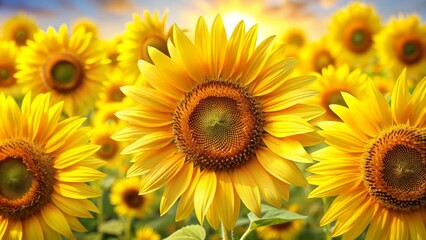 Fototapeta premium Vibrant yellow sunflowers in full bloom, set against a soft white background, creating a beautiful and cheerful wallpaper design for a bright and sunny atmosphere.