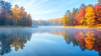 A serene lake at dawn with mist rising from the water, surrounded by trees in vibrant fall colors, and space for text