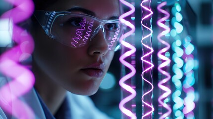 Illuminating Genetic Manipulation: Scientist Conducting DNA Sequencing in Neon-Lit Lab