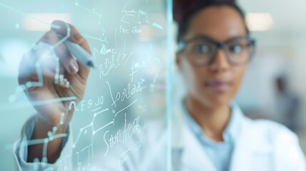 Brilliant Female Scientist Writing Complex Equations on Transparent Board for Mathematical Modeling and Theories