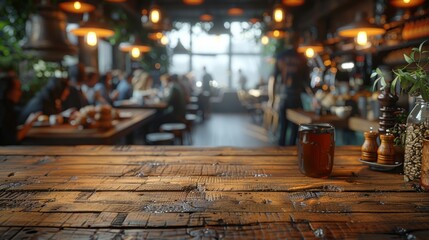 Cozy coffee shop interior with warm lighting and wooden tables during afternoon hours