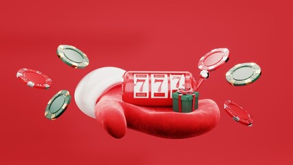 Festive 3D render of a Christmas casino background with poker chips, roulette, and holiday decorations.