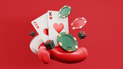 Festive 3D render of a Christmas casino background with poker chips, roulette, and holiday decorations. Seasonal digital illustration a joyful Xmas casino scene with slot machines and royal flush card