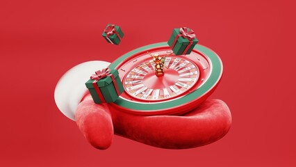Festive 3D render of a Christmas casino background with poker chips, roulette, and holiday decorations. Seasonal digital illustration a joyful Xmas casino scene with slot machines and royal flush card