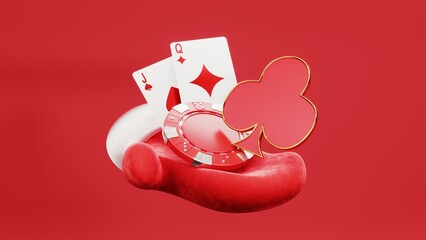 Festive 3D render of a Christmas casino background with poker chips, roulette, and holiday decorations. Seasonal digital illustration a joyful Xmas casino scene with slot machines and royal flush card