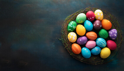 Flatlay. Copy space. A huge set of colorful easter-eggs 