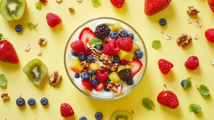 Transparent glass bowl with yogurt, topping fruits, and nuts, breakfast dessert, close up.
