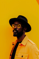 A man wearing a black hat and glasses stands in front of a yellow wall