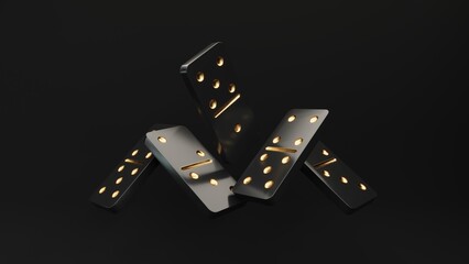 Domino game - 3d render. Tiles, blocks of dominoes with even dots on a black background. Domino effect business concept, logo for companies, trainings. Board game of dice with a winner and a loser.