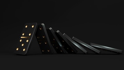 Domino game - 3d render. Tiles, blocks of dominoes with even dots on a black background. Domino effect business concept, logo for companies, trainings. Board game of dice with a winner and a loser.