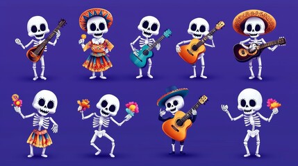 a set of skeletons playing guitars and