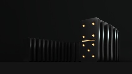Domino game - 3d render. Tiles, blocks of dominoes with even dots on a black background. Domino effect business concept, logo for companies, trainings. Board game of dice with a winner and a loser.