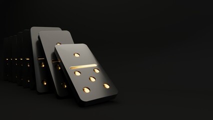 Domino game - 3d render. Tiles, blocks of dominoes with even dots on a black background. Domino effect business concept, logo for companies, trainings. Board game of dice with a winner and a loser.