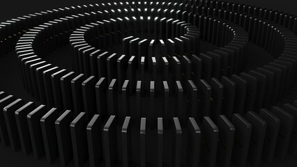Domino game - 3d render. Tiles, blocks of dominoes with even dots on a black background. Domino effect business concept, logo for companies, trainings. Board game of dice with a winner and a loser.
