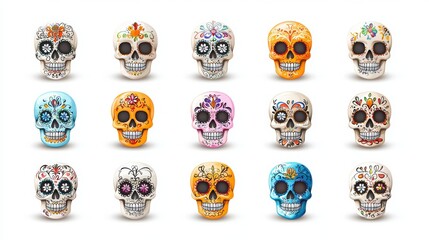 a set of six sugar skulls with different colors