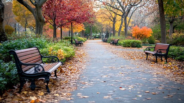 A tranquil park with a leaf-covered path and trees in full autumn color, with ample space for a message