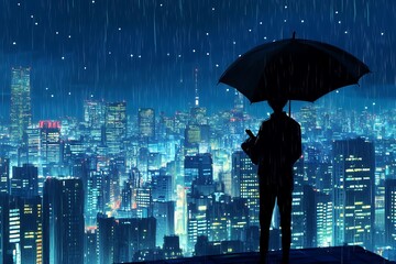 Silhouette of a Person with Umbrella Looking Over a Cityscape at Night in the Rain.