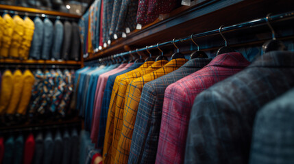 Obraz premium High-End Men Suits on Hangers in a Boutique Close-Up