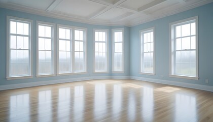 Obraz premium An empty room with hardwood floors, white walls, and large windows letting in natural light
