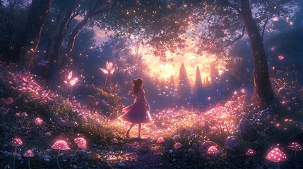 A Girl Walks Through a Magical Forest at Sunset.