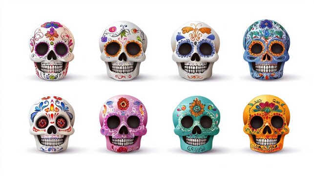 a set of six colorful skulls with different designs