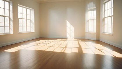 An empty room with hardwood floors, white walls, and large windows letting in natural light